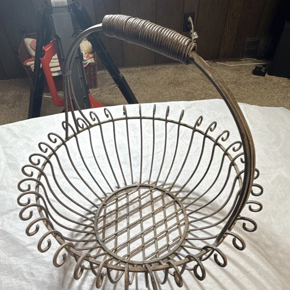 Vintage French Country Rustic Metal Wire Basket with Scroll Rim